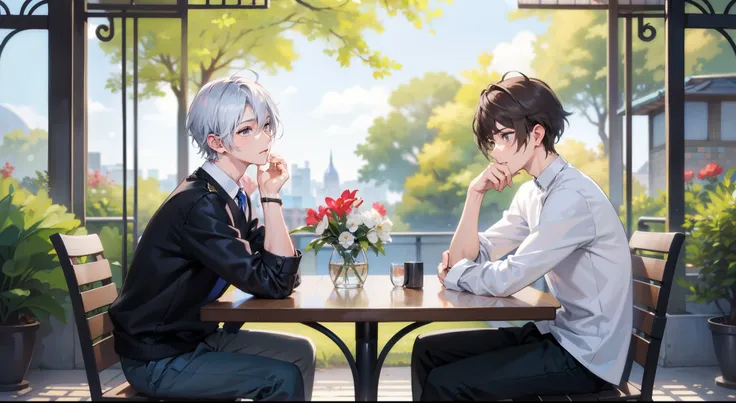 dos chicos, silver hair boy and brown hair boy., hablando、un parque、chicos les encanta、high resolution、ultra detallado