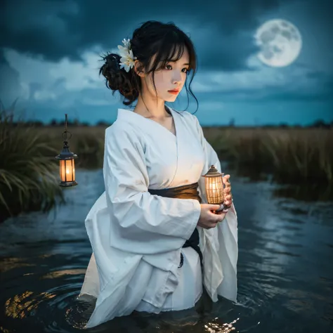 1girl, breasts, moon, lantern, night, solo, large breasts, hair ornament, wet, kimono, japanese clothes, wading, water, hair flower, flower, outdoors, sky, full moon, rain, black hair, off shoulder, mountain, cloud, holding, sash, bare shoulders, paper lan...