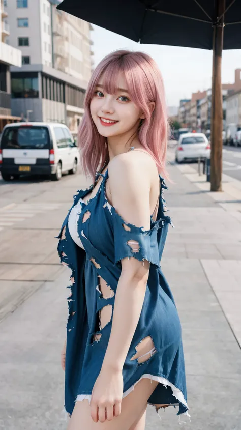 Gorgeus Girl, Beautiful, Baby Face, 20 Years Old, White Skin, Colossal Breasts, Side Pose, ((Slip Loose Dress)), Blue Eye, Muscles, Bokeh, Modern Place Background, Masterpiece, Fullbody Shot, Straight Pink Hair, ((torn:1.3)), Shoulder Off Jacket, Laugh