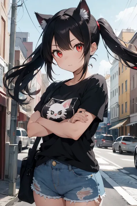 Anime girl with long black hair and striking red strands, adorned with cute cat ears and mesmerizing red eyes, is the focal point of this stunning scene. She exudes an edgy and rebellious vibe, wearing a black T-shirt adorned with a captivating skull patte...