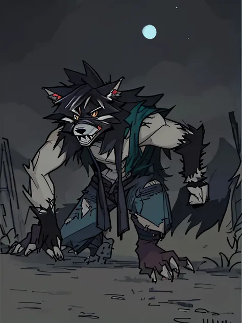 night，on village street，There is a werewolf。He has the head of a wolf，man body，Wearing tattered clothes，Very vicious。Cartoon style，full moon night painting style，Reasonable composition，High-quality graphics。