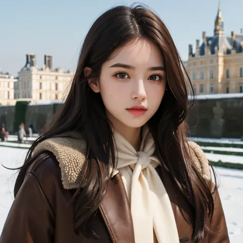 Girl, long brown hair, brown eyes, serious features, white skin, winter style, France, in Versailles Castle