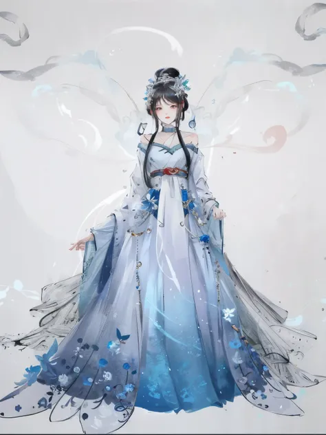 Close-up of a woman wearing a butterfly skirt, beautiful fantasy queen, ((beautiful fantasy queen)), full body xianxia, xianxia fantasy, Ethereal animation, Beautiful full body concept art, inspired by trees, Inspired by Leng Mei, palace ， A girl wearing H...