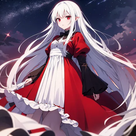 a vampire girl, standing on a mountain, night, stars in the sky, long white hair, crimson red eyes, blood on face.