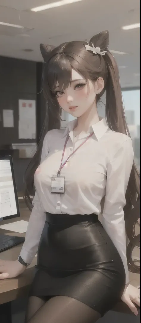 1 standing lady, /(casual shirt/) (black pencil skirt:1.1) /(ID card lanyard/), adult, /(brown hair/) Bangs, moaning, lips parted, blush, Sexy, (Masterpiece best quality:1.2) Exquisite illustrations and super detailedBREAK /(Modern office interior/), windo...