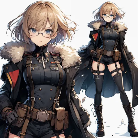 (masterpiece, Best Quality), (Perfect athlete body:1.2), (detailed hairs), Ultra-detailed, Anime style, Full body, Solo, German uniform girl, short blond hair, blue eyes, thick glasses, military hat and unadorned military coat and boots, standing on wastel...