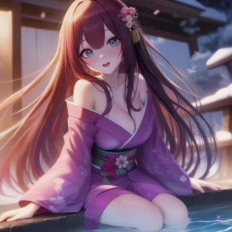 anime girl in a kimono outfit sitting in a pool, anime style 4k, beautiful anime girl, anime girl with long hair, cute anime girl, pretty anime girl, seductive anime girl, Beuatiful anime, Beuatiful anime woman, attractive anime girl, young anime girl, 4k ...