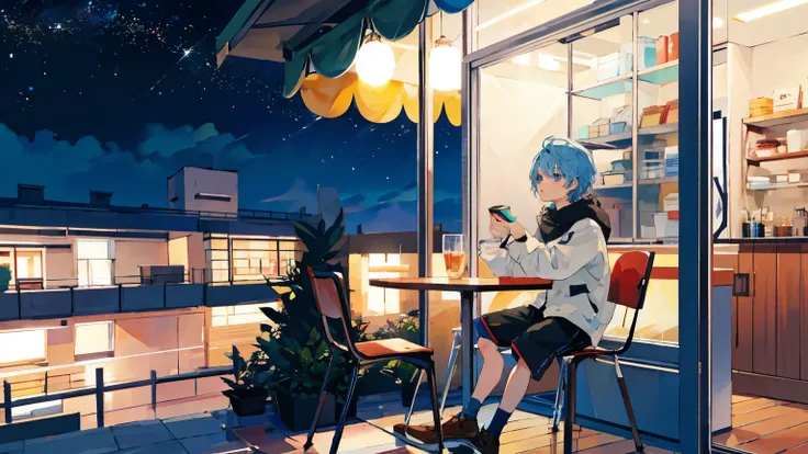 a boy with short light blue hair，light blue gradient eyes，casual and simple shorts，cafe，white tables and chairs，sit on the chair...