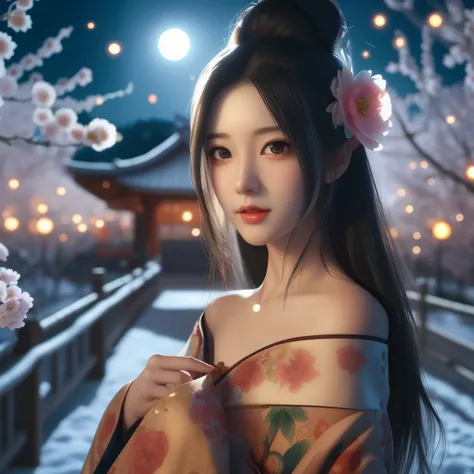 Close-up of a woman in kimono standing in front of a tree, beautiful numbers艺术work, Popular topics on cgstation, japanese goddess, Rostland 8K, beautiful numbers艺术, Japanese art style, palace ， A girl wearing Hanfu, japan fantasy, guweiz style artwork, guw...