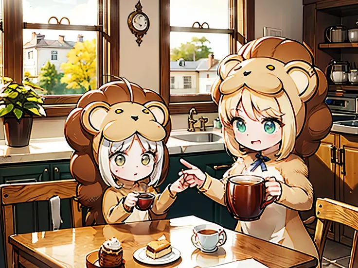 lionelle, an 8-year-old in a saberlion cosplay, exudes joy while sipping coffee in a cozy, modest kitchen. her bright green eyes...