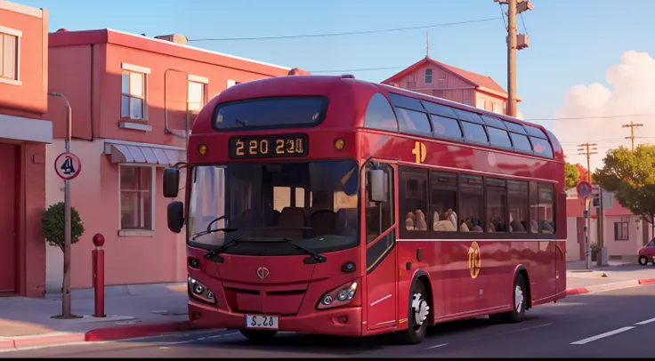 Electric red buss roof pink ,  unreal engin render , 4k , high graphic , high detail