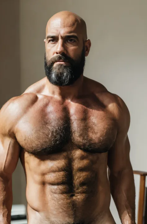 (best quality, highres, ultra-detailed, realistic:1.37), Hiperrealism, hiperdetailed, natural colors, soft light, portrait, 40 years old man, muscled, tall, hairy body, hairy chest, virility, actor, gay porn, very sexual, handsome, bald, black beard, naked...