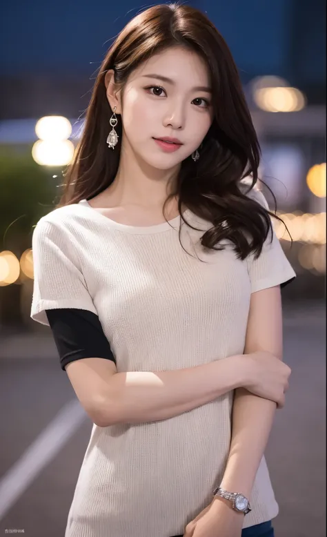 real photos (1.cute korean actress), t-shirt, at the carpark, Night view background,Canon EOS, clear facial features, closeup portrait, model, 8k