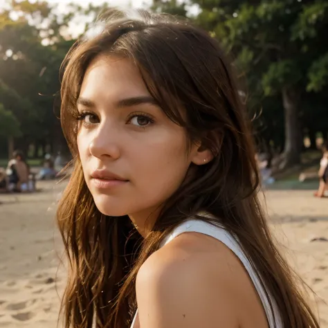 A photorealistic portrait of an athletic 25 year old Californian girl with long, light brown hair and striking dark, nearly black eyes. She should have a natural, dominant expression and be illuminated by soft, golden-hour sunlight. The background should b...