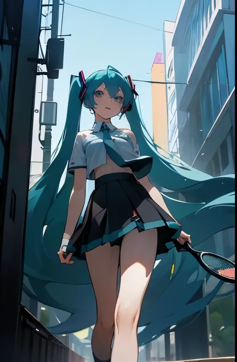 masterpiece，best quality，((Cinematic movie stills))，1 woman, Hatsune Miku, blue hair, Two-pronged, face, waist, pelvis, tennis skirt,
