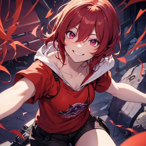 drawing of a girl with Red hair and a purple shirt, [[[[Laugh evilly]]]], ((Red)) bags under eyes, no shadow, smiling but has a temper, portrait ((mischief)), unknown art style, smile and glowing eyes, disturbing smile, smile, fully Red eyes no pupils