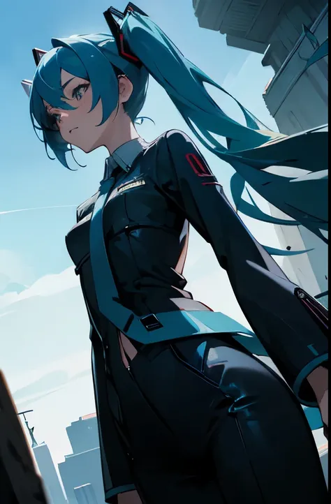 masterpiece，best quality，Cinematic movie stills，1 woman, Hatsune Miku, blue hair, Two-pronged, face, waist, pelvis, 
