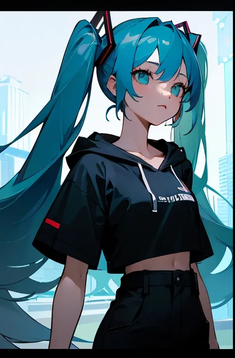 masterpiece，best quality，((Cinematic movie stills))，1 woman, Hatsune Miku, blue hair, Two-pronged, face, waist, pelvis, hood T-shirt, 
