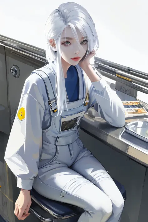 +masterpiece, best quality, super detailed, a female student, pretty face, Rich details, (long white hair), perfect face, Coveralls, sitting,