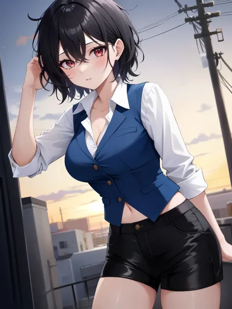 1girl, solo, mature female, (pale skin:0.8), red eyes, black hair, messy hair, short hair, hair between eyes, wolfcut, pixie cut, goth, gothic, punk, blue vest, white buttoned shirt, black miniskirt, black shorts, (cleavage:0.4), breasts, night