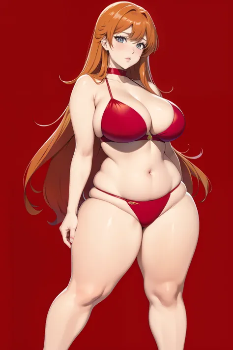 Full body portrait photo of anime bbw girl in red bikini with long hair and big breasts, very fat curvy body, wide waist and wide hips, round and beautiful face, very similar portrait of asuka langley Soryu, asuka langley, anime female characters, evangeli...