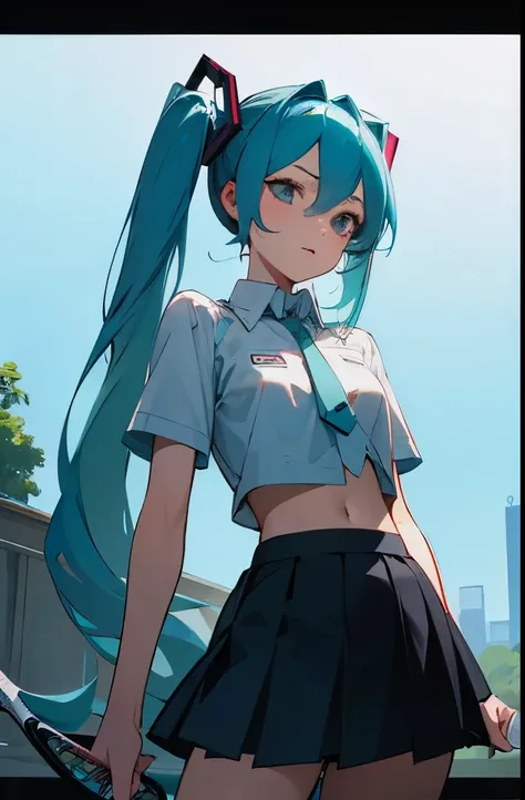 masterpiece，best quality，((Cinematic movie stills))，1 woman, Hatsune Miku, blue hair, Two-pronged, face, waist, pelvis, tennis skirt,
