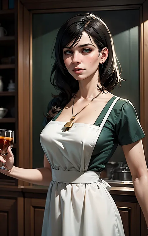 (Dua Lipa:Evangeline Lilly) waitress, ((white apron)), ((green shirt)), 1920 style, masterpiece, Lovecraft atmosphere, (pendant of a key), hyperdetailed, ((rule of thirds))