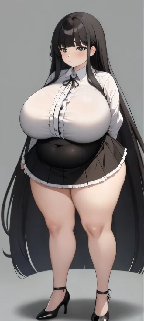 1 girl, very long hair, black hair, smooth hair, Blunt bangs, thicc, plump, obese, very big breast, long Sleeve frilled shirt, frilled skirt, big belly, pretty face, high heels, grey background 