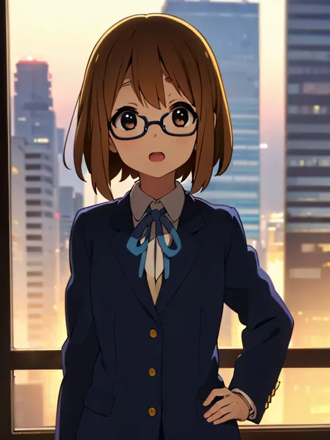 1girl, (((​masterpiece))), top-quality, top-quality, High Details, Hirasawa Yui, 1girl, Sakuragaoka High School Uniform, student clothes, two yellow hairpin, short hair, A brown-haired, brown-eyed, glasses, 独奏, reddish, Dark blue blazer with thin blue ribb...