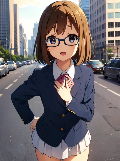 1girl, (((​masterpiece))), top-quality, top-quality, High Details, Hirasawa Yui, 1girl, Sakuragaoka High School Uniform, student clothes, two yellow hairpin, short hair, A brown-haired, brown-eyed, glasses, 独奏, reddish, Dark blue blazer with thin blue ribb...