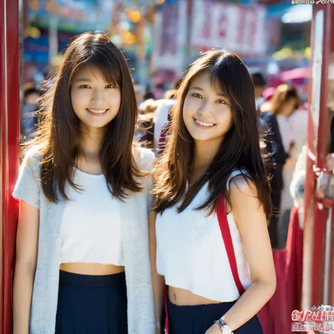 ((highest quality、8K、masterpiece:1.3))、identical twin sisters、sharp:1.2、perfect body beauty:1.4、slim abs:1.2、big、beautiful face、laughter、((Female college student:1.3))、(amusement park background:1.2)、straight hair、Highly detailed face and skin texture、deta...