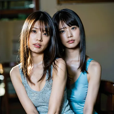 (8K、Raw photo、highest quality、masterpiece:1.2)、(realistic、Photoreal:1.37)、super detailed、Super high resolution、Identical twin sisters French kissing、see the beholder、beautiful and detailed face、laughter、narrow、(slim waist) :1.3)、Tank top、Beautiful and smoo...