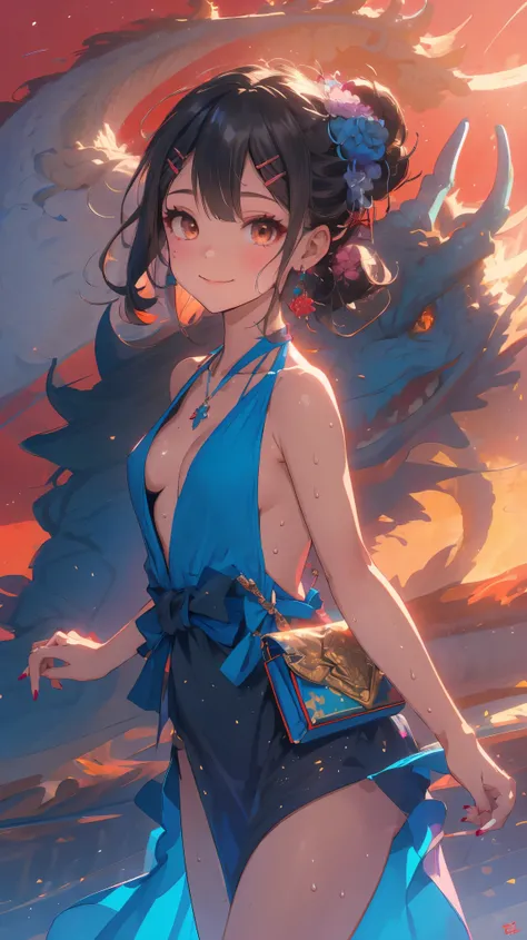 Dragon and girl,1girl,(Miyu Edelfelt),loli,cameltoe,black hair,brown eyes,seductive smile,solo,colored skin,breasts, jewelry, dress, cleavage, necklace, bangs, hair ornament, bare shoulders, side ponytail, halterneck, plunging neckline, sidelocks, halter d...