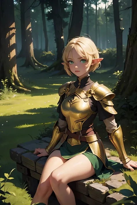 Night time, 1Girl, Elf, Short blonde hair, frenckles, beautiful, wearing Golden, medieval light armor, (Perfect green eyes), in a forest, 
