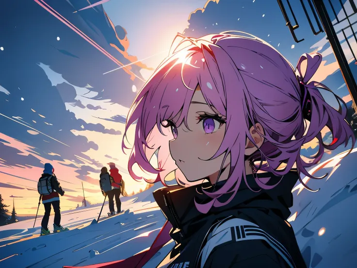 masterpiece, highest quality, very detailed, cinematic lightning, intricate details, High resolution, official art, Beautiful detailed face and eyes, High resolutionのイラスト, 8K, Depth of bounds written, 1 girl, beautiful pink eyes, short cut purple hair、ski ...