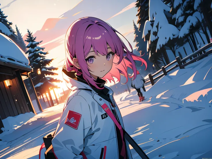 masterpiece, highest quality, very detailed, cinematic lightning, intricate details, High resolution, official art, Beautiful detailed face and eyes, High resolutionのイラスト, 8K, Depth of bounds written, 1 girl, beautiful pink eyes, short cut purple hair、ski ...