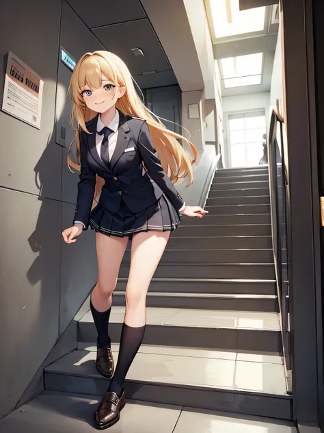 (1) Peeking at the panties from under the back of a girl climbing the stairs.
(2) her skirt is too short、You can almost see her black lace panties.
(3) She is wearing a uniform of a blazer, miniskirt, and loose socks..
(4) she has long blonde hair.
(5) Her...