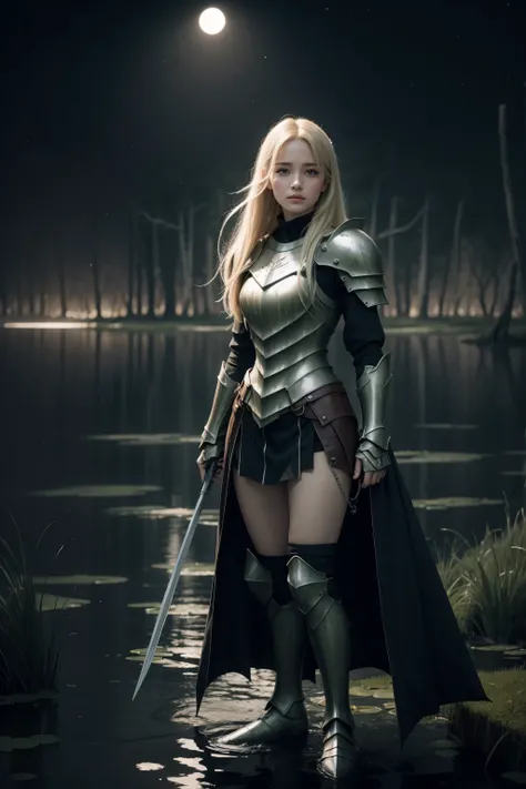 best quality, masterpiece,  (realistic:1.2), 1 girl, solo, standing, (full body shot:1.5),(front face:1.4), Blonde hair, brown eyes,Front, detailed face, beautiful eyes, (wear white thin knight armor:1.2),No Make Look, (in the darkness night:1.7), (The edg...