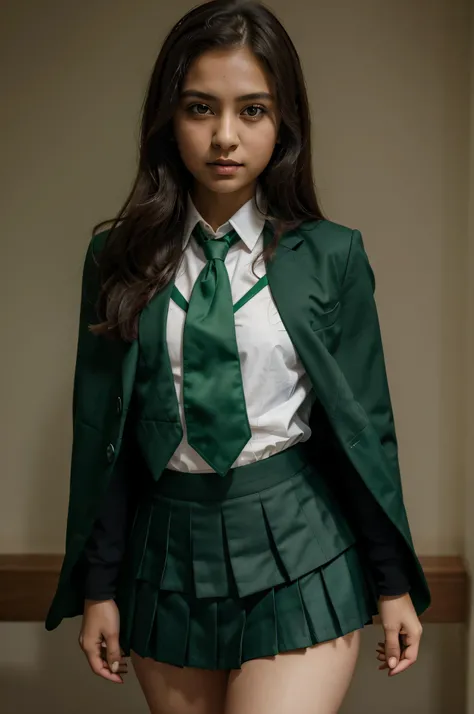 masterpiece, best quality, 1girl, solo, nahida_genshin, cross-shaped pupils, school uniform, green tie, blazer, pleated skirt, green cape, standing  