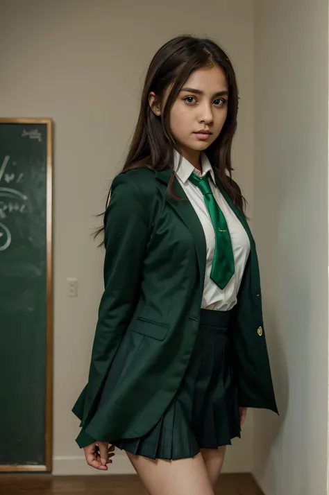 masterpiece, best quality, 1girl, solo, nahida_genshin, cross-shaped pupils, school uniform, green tie, blazer, pleated skirt, green cape, standing  