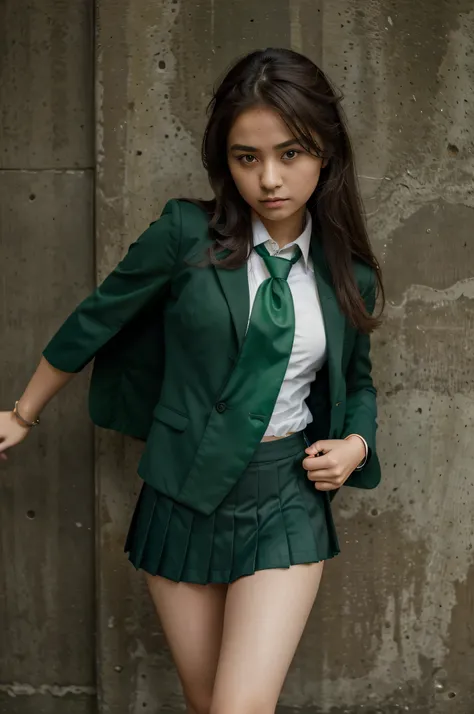 masterpiece, best quality, 1girl, solo, nahida_genshin, cross-shaped pupils, school uniform, green tie, blazer, pleated skirt, green cape, standing  