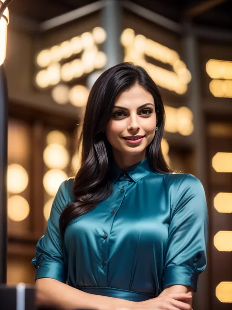 raw photo of woman (morena baccarin),portrait, (warm smile:1.3), blue satin blouse, black hair, makeup, blue blouse, black backg...