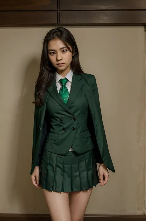 masterpiece, best quality, 1girl, solo, nahida_genshin, cross-shaped pupils, school uniform, green tie, blazer, pleated skirt, green cape, standing  