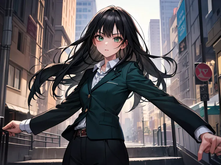 masterpiece, highest quality, 1 girl, green eyes、long black hair, blue blazer, Formal shirts, belt, city street