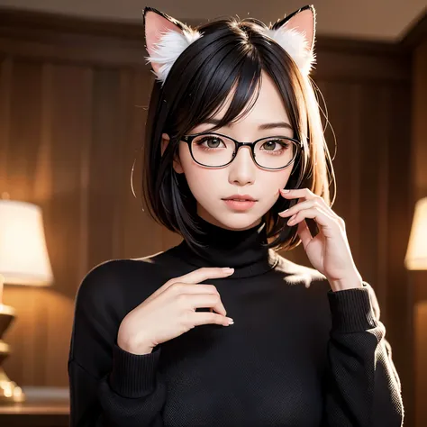 (highest quality、table top、8K、best image quality、Ultra high definition、Award-winning work)、one beautiful woman、solo、(Classy glasses:1.1)、(The most realistic cat ears:1.1)、(perfect real cat ears:1.1)、accurate anatomy、(close up of face:1.3)、(Long black turtl...