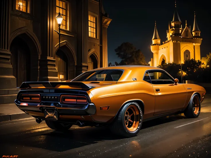 a dark orange metallic 1970 Dodge challenger lowered with custom wheels. Editorial photoshoot , outside a castle , at night , cinematic lighting , 