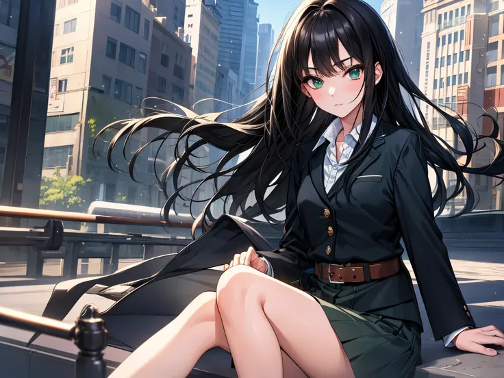 masterpiece, highest quality, 1 girl, green eyes、long black hair, blue blazer, Formal shirts, belt, city street