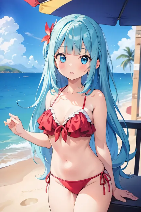 cutelittlegirl, chibi, aqua hair, wearing red bikini, beach masterpiece, best quality, 8k resolutions, blunt bangs, long hair, blue eyes, hair ornaments