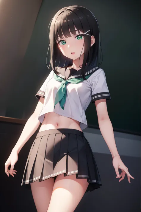 Diakrosawa, dia kurosawa, black hair, (green eyes:1.5), dull bangs, grey skirt, hair ornaments, hair clip, mole, mole under mouth, (small breasts:1.2),
break grey skirt, midriff peak, pleated skirt, school uniform, serafuku, short sleeve, skirt, uranohoshi...