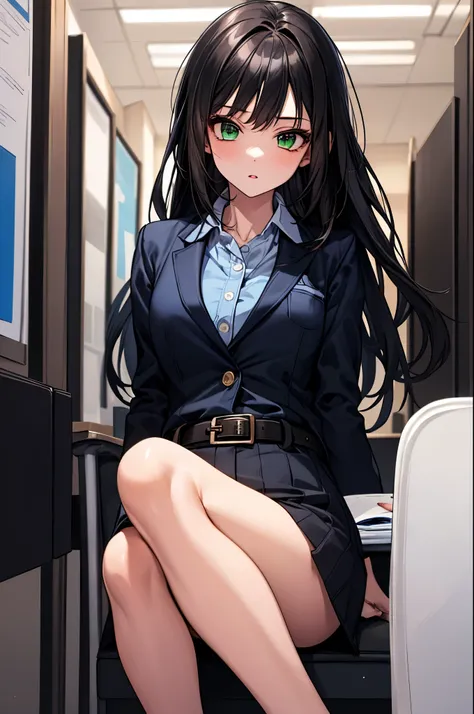 masterpiece, highest quality, 1 girl, green eyes、long black hair, blue blazer, Formal shirts, belt, inside the office